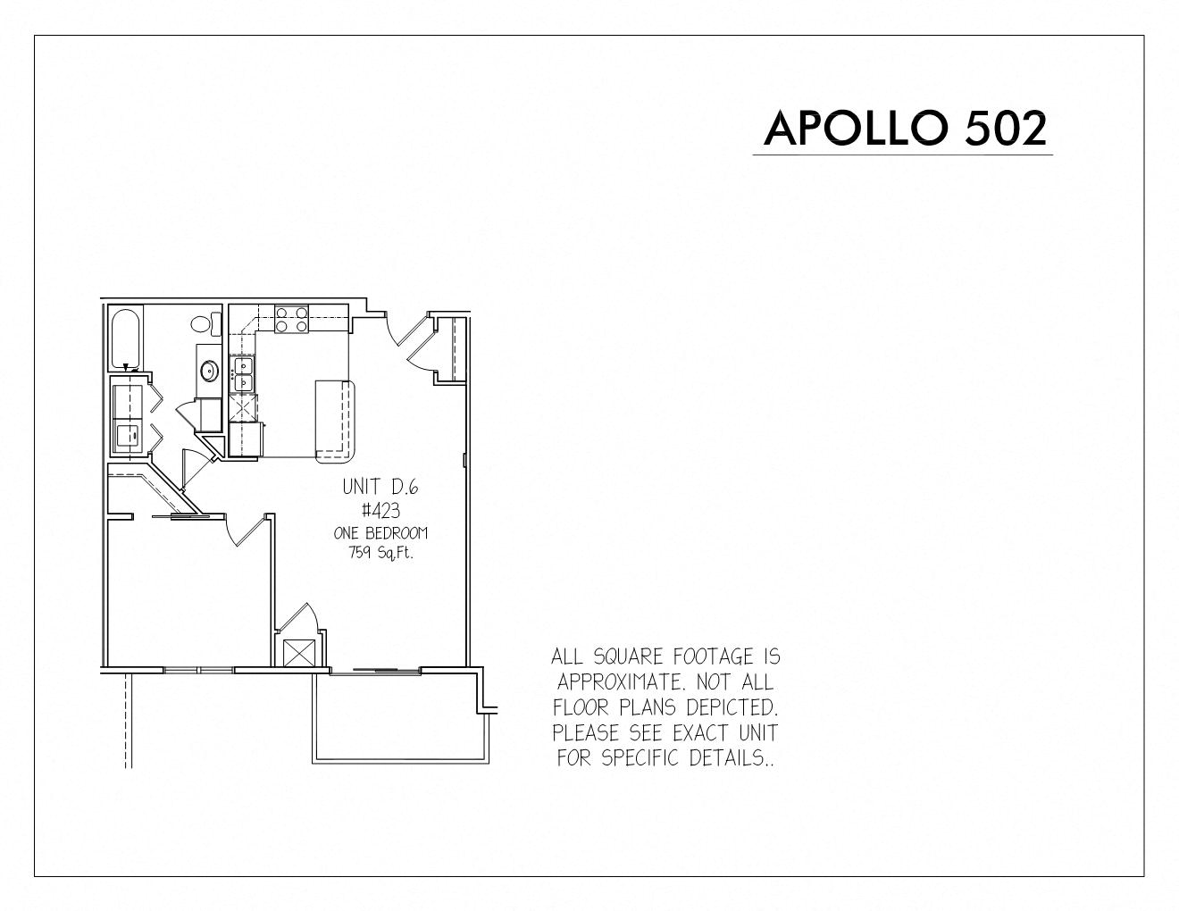 Floor plan for 1 bed, 1 bath, 759 sqft